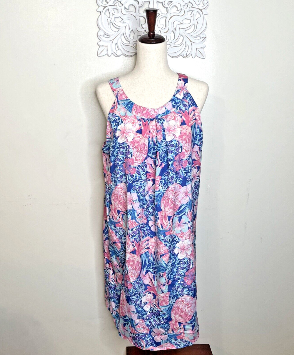 Charlie Paige Women's XL 16 Shift Sun DRESS Sleeveless Cover-up BLUE PINK Floral